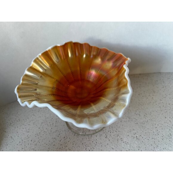 Dugan Opalescent Beaded Panels Open Stemmed Carnival Glass Compote Dish Antique - Picture 7 of 9